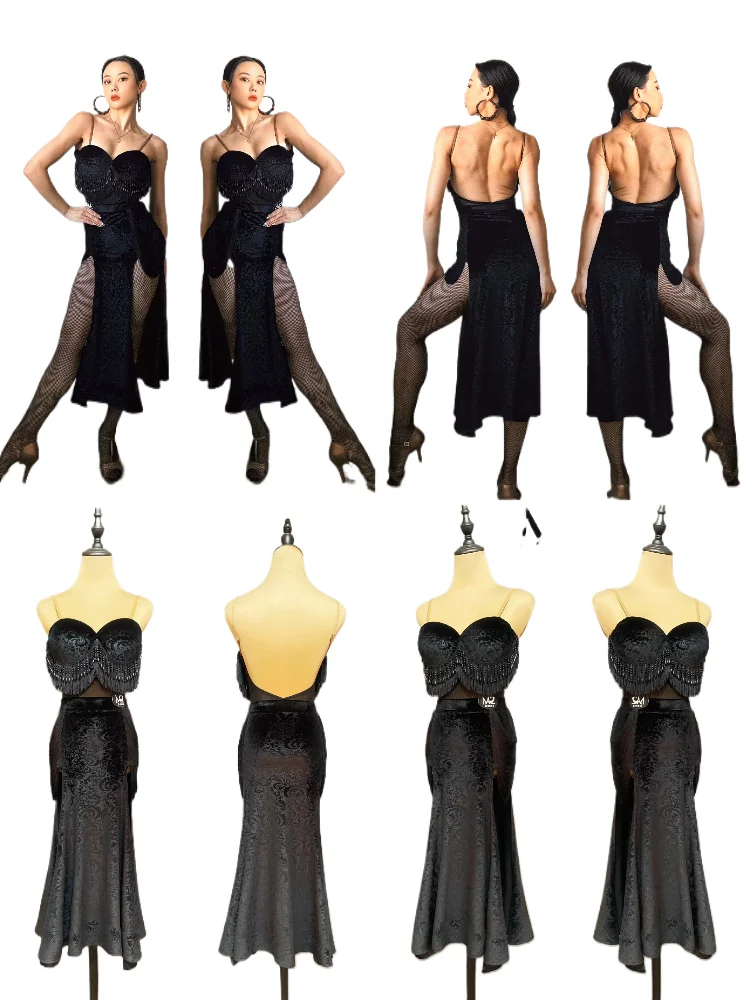 

MZDance Ladies Pearl Tassel Printed Velvet Slit Latin Dress for Rumba Cha Cha Samba Practice Competition