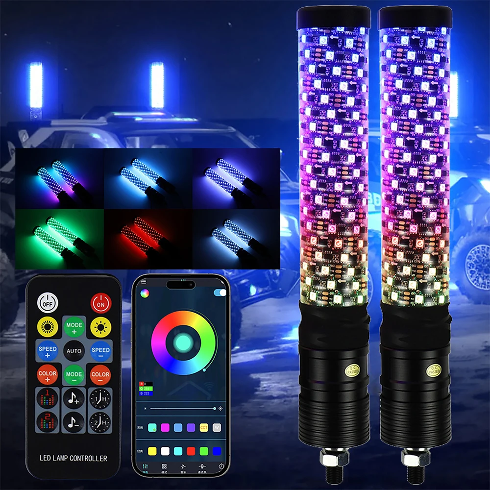 

1FT Fat Whip Lights with App & Remote Control Spiral RGB Chasing Lighted for SXS UTV ATV RZR X3 Offroad Truck Motorcycle Boat