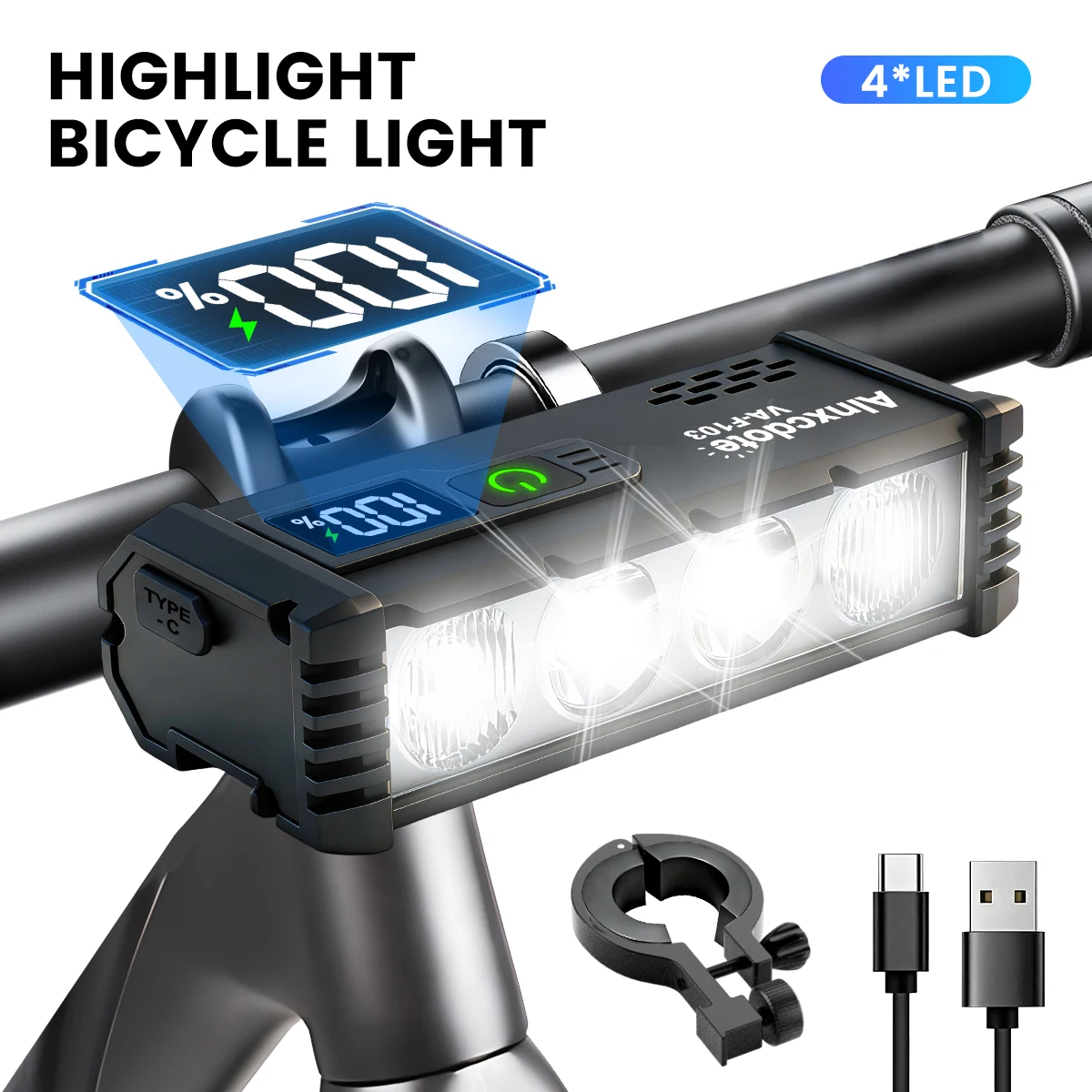 VASTFIRE Digitales Fahrradlicht, Vorderlicht, 3000 mAh, wasserdicht, USB-Ladefunktion, MTB- und Rennradlampen-Zubehör.