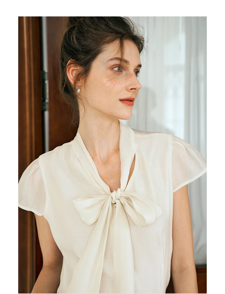 OLrain Romantic Women's Shirts Chiffon  2025 Lyocell Ribbon Puff Sleeve Single Breasted Commuting Elegant Blouse Lady O24XC92365