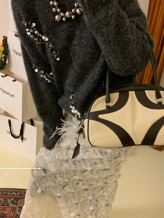 

Lazy Sle round Ne Sweater Women's Soft Polyester Long Sve Glitter Knitted irt Deep ey Mouton Fce the Hang