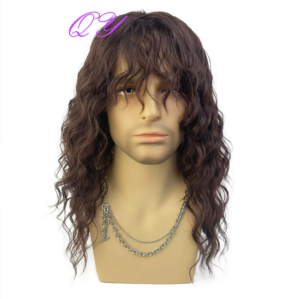 Synthetic Men\'s Wig Long Brown Natural Curly Rock Man Wig With Bangs Party Or Cosplay Adjustable Water Wave Male Hair Wig