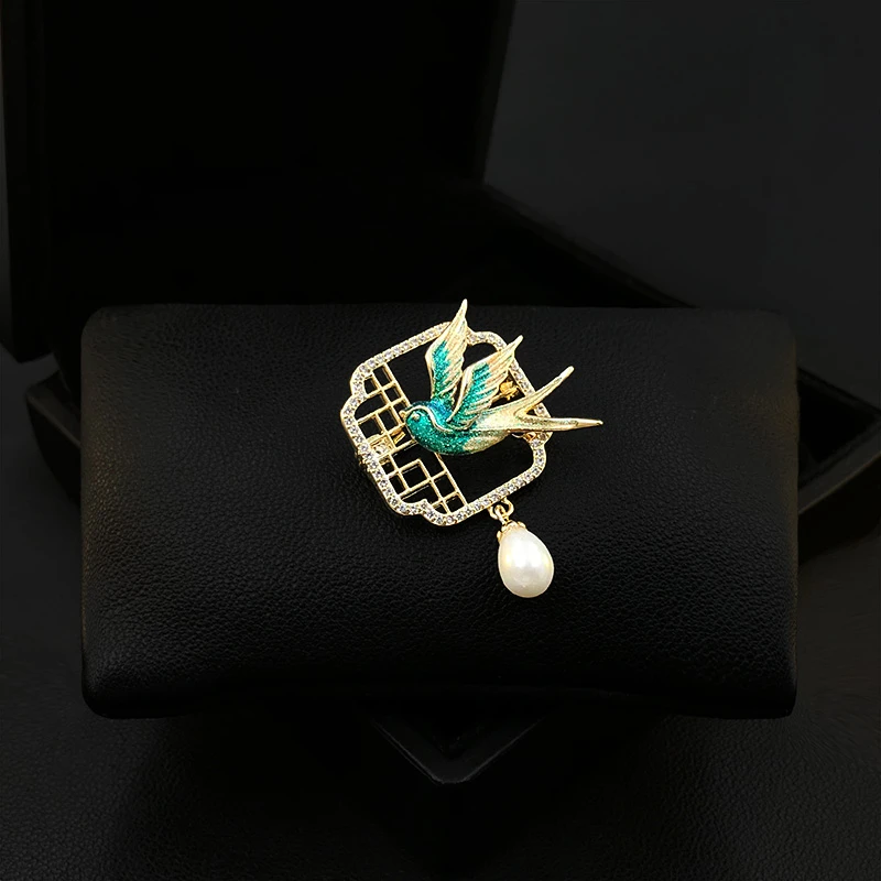 Chinese Style Swallow Bird Brooch Women Vintage Square Pin Suit Accessories Cardigan Neckline Clothes Corsage Pearl Jewelry 5830