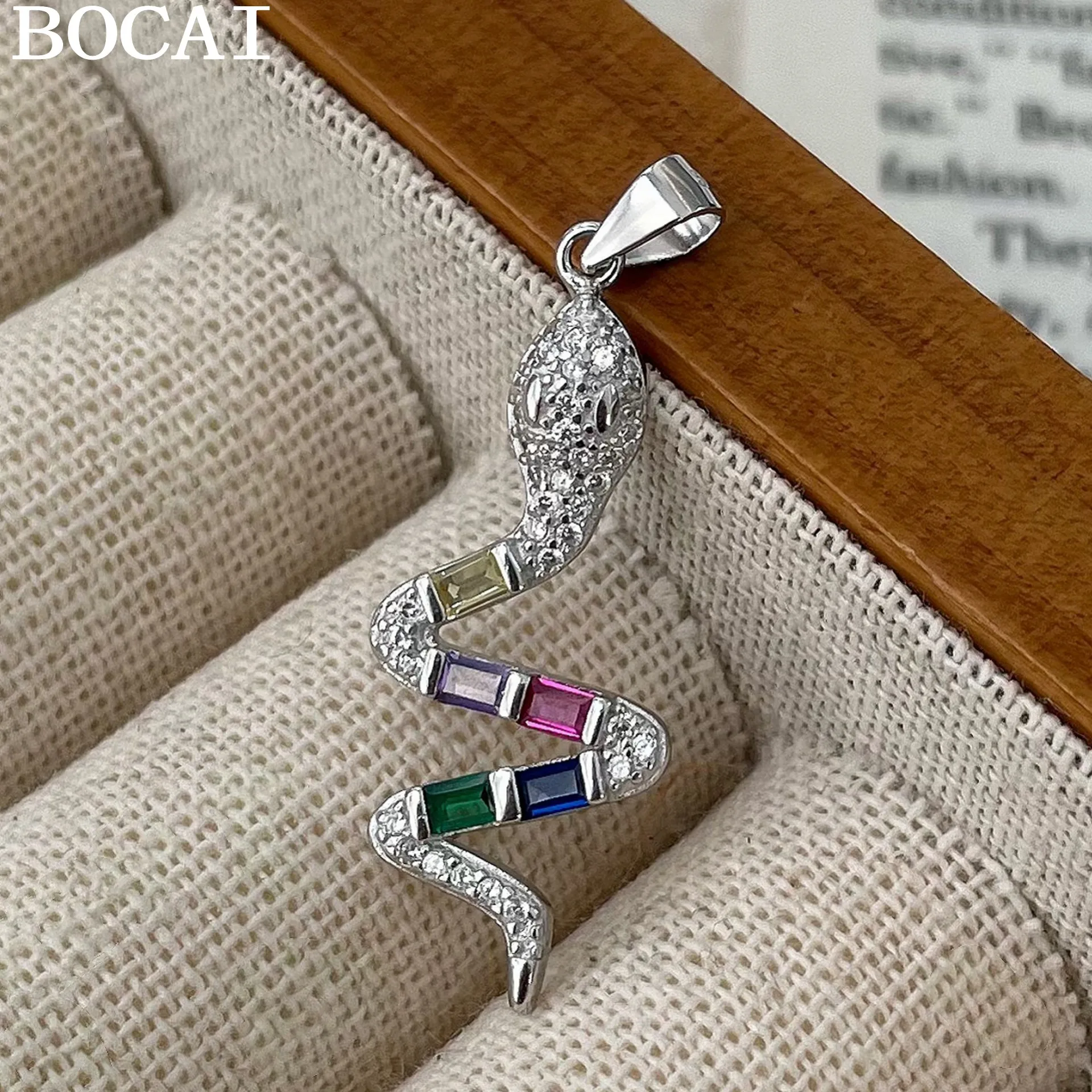 

BOCAI NEW S925 Sterling Silver Trendy Niche Design Colorful Zircon Snake Shaped Pendant