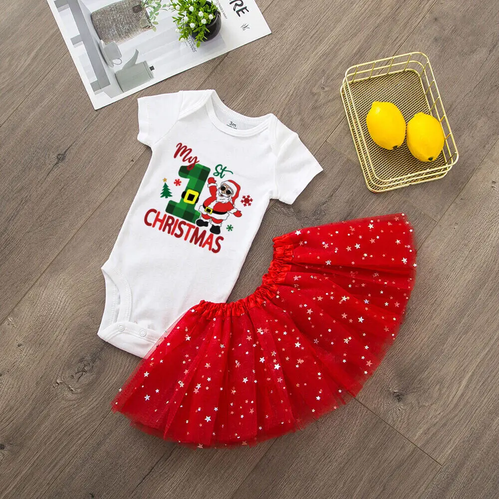 My 1st Christmas Baby Bodysuit Tutu Skirts Set Christmas Cake Dress Outfit Girl Short Sleeve Jumpsuit Toddler Xmas Party Clothes