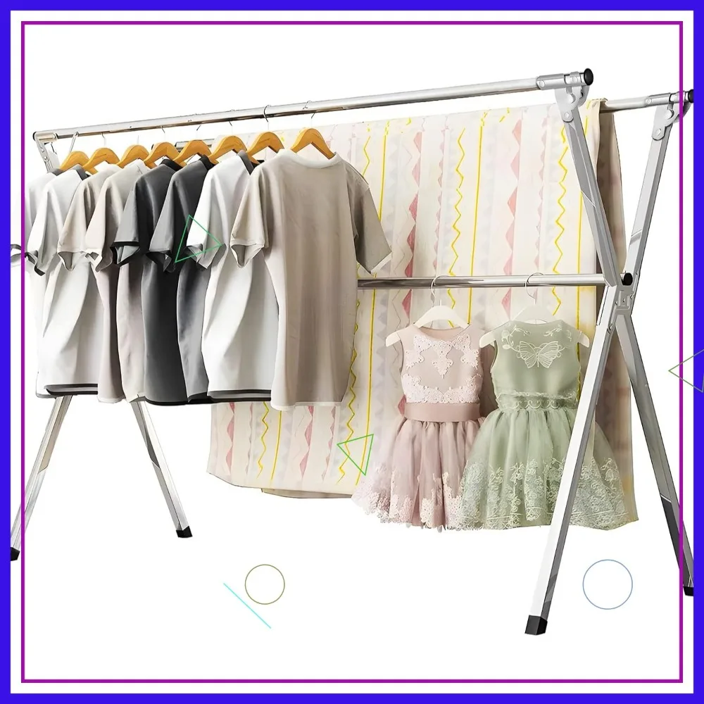 

79-Inch Stainless Steel Folding Clothes Drying Rack with 20 Hooks, Heavy Duty Indoor Outdoor Portable Laundry Stand