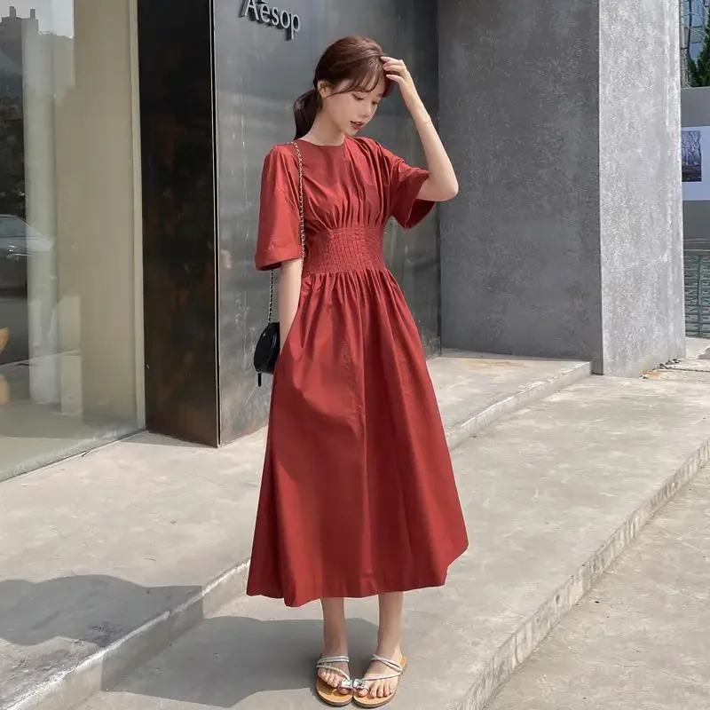 Dress Women's Summer 2024 New High Waist Retro Long Dress Dongdaemun Korean Womens Clothing Elegant Midi Basic Casual Dresses