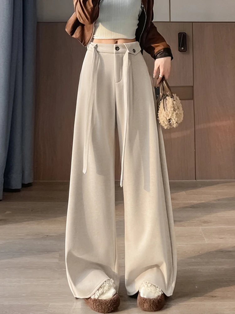 

Утепленные широкие брюки-костюмные штаны с высокой талией, повседневные длинные брюки для женщин, осень-зима, новинка, прямой крой, длина в пол