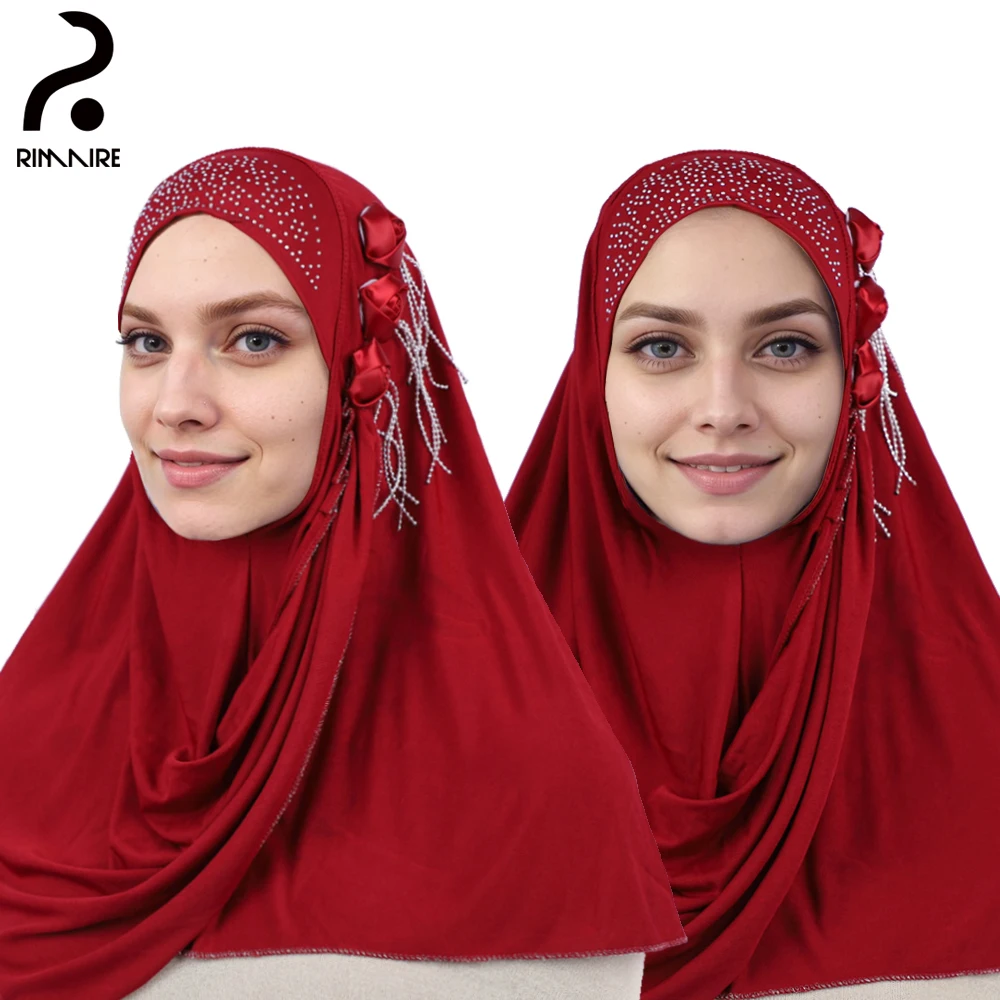 Wine Red Women Muslim Hijabs Classic Floral Instant Turban High Quality Ladies Solid Headscarves Wraps Gifts Wholesale RIMAIRE