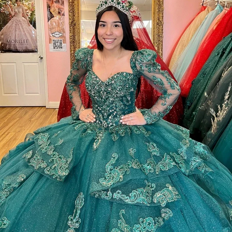 Angelsbridep-Vestidos Quinceanera de mangas compridas para meninas, vestido verde esmeralda e brilho, vestido de festa de 15 anos