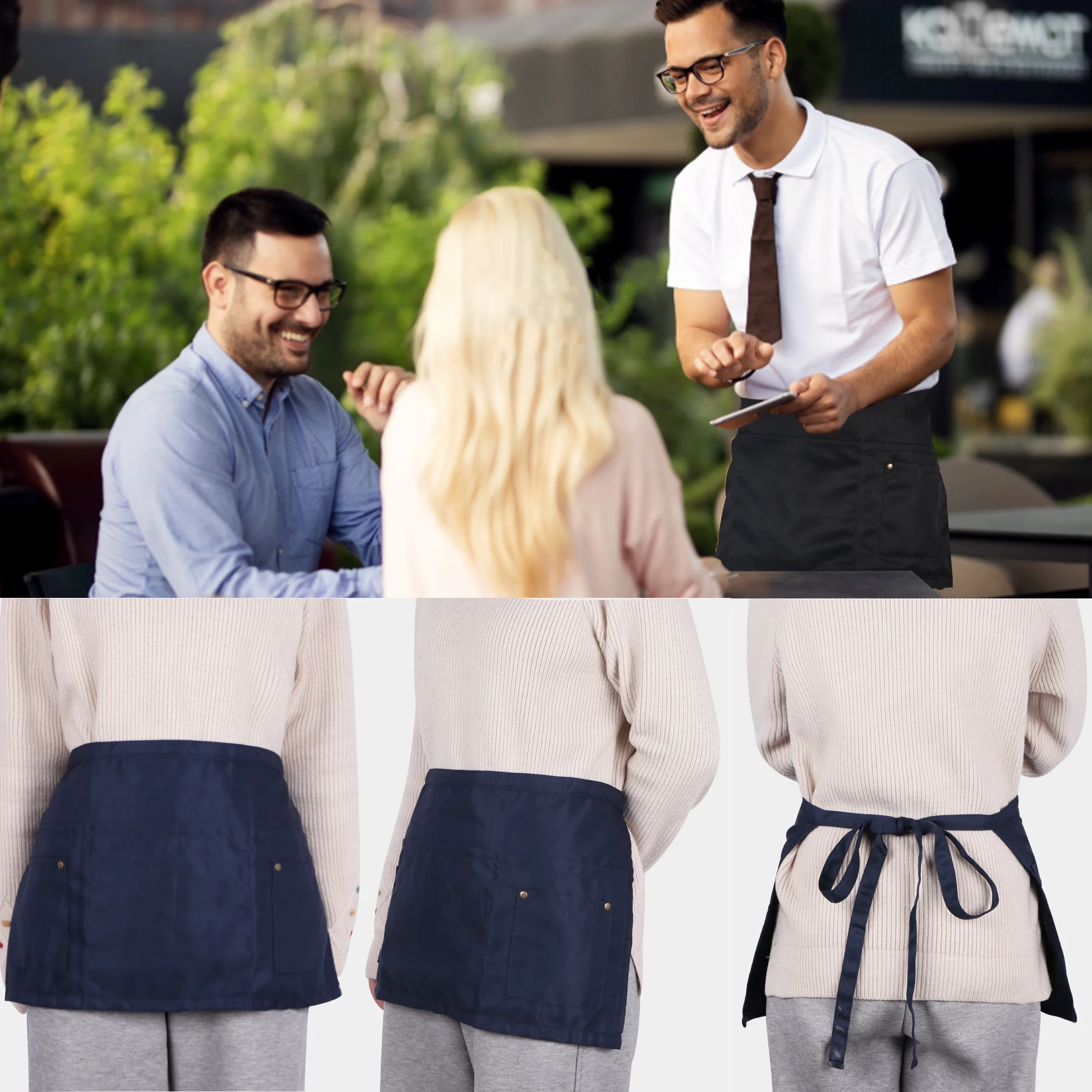 Server Apron with 5 Pockets - Rivet Buckle Unisex Short/Half Waiter Waist Short Apron