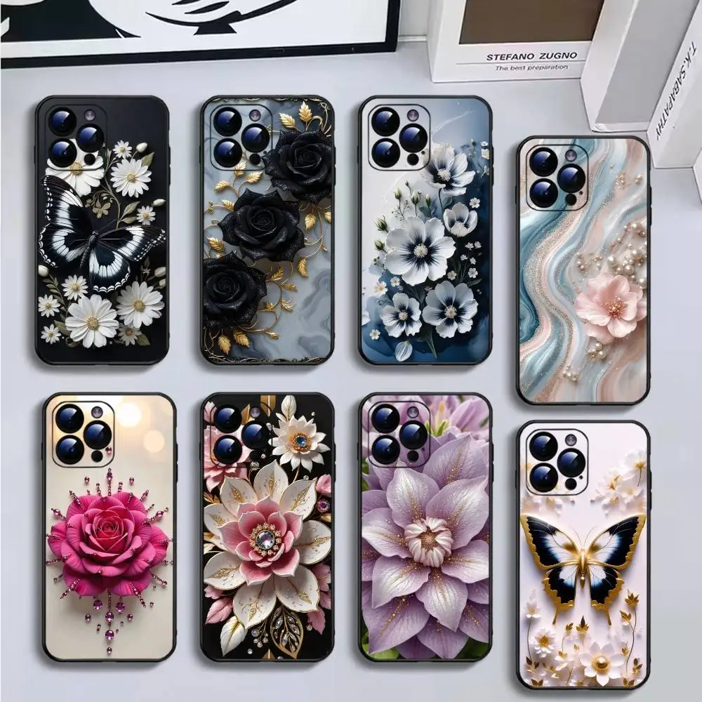 

Luxurious butterfly floral print Phone Case For iPhone17,16,15,14,13,12,11 Plus,Pro Max,Soft Black Cover