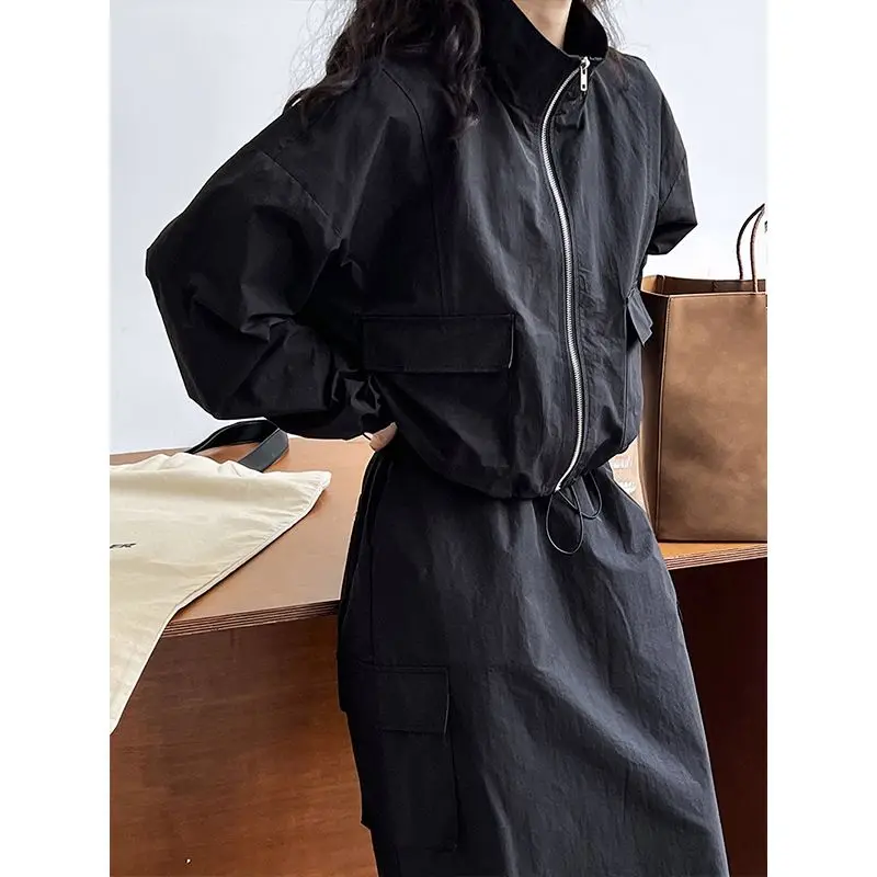 2025 estilo retrô americano jaqueta cortada + saia cargo com cordão conjunto y2k vintage desportivo roupa de duas peças terno casual feminino