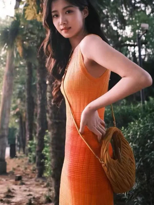 

Lu Yuxiao S Home Vaion Sle Orange adient round Ne Knitted Hollow out Slim Fit Knitted Dr Summer Season a Line Skirt