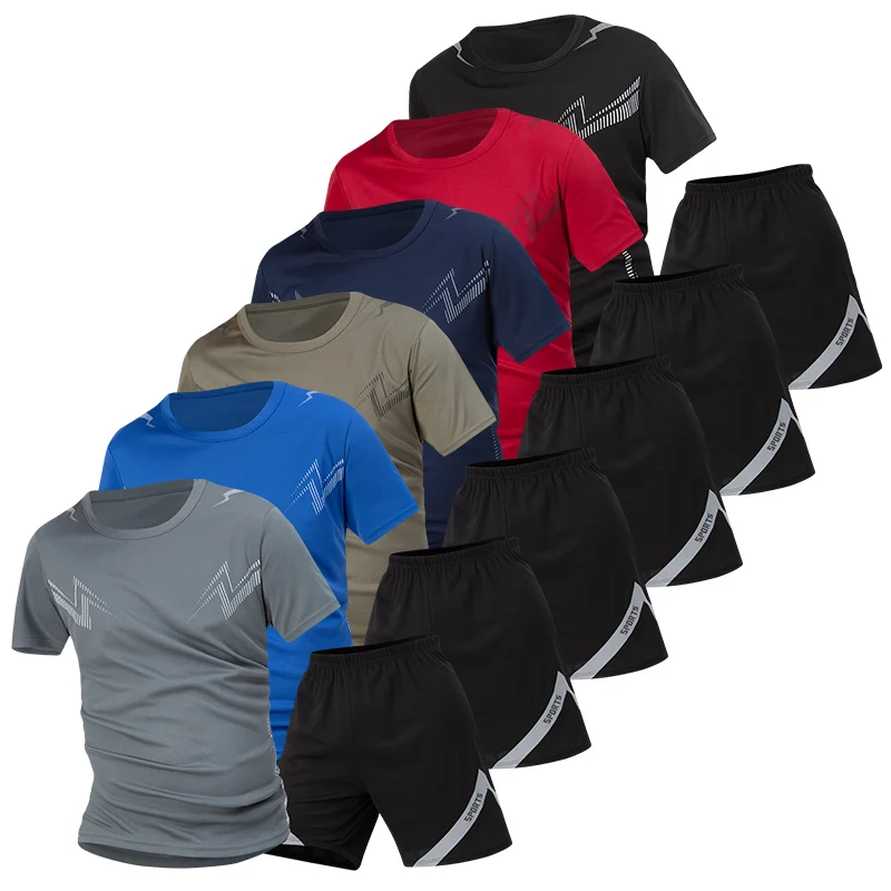 

2 Pieces Summer Men's Casual Versatile Quick drying Sports Set Breathable Running Fitness Short Sleeved Black Fashionable Shorts