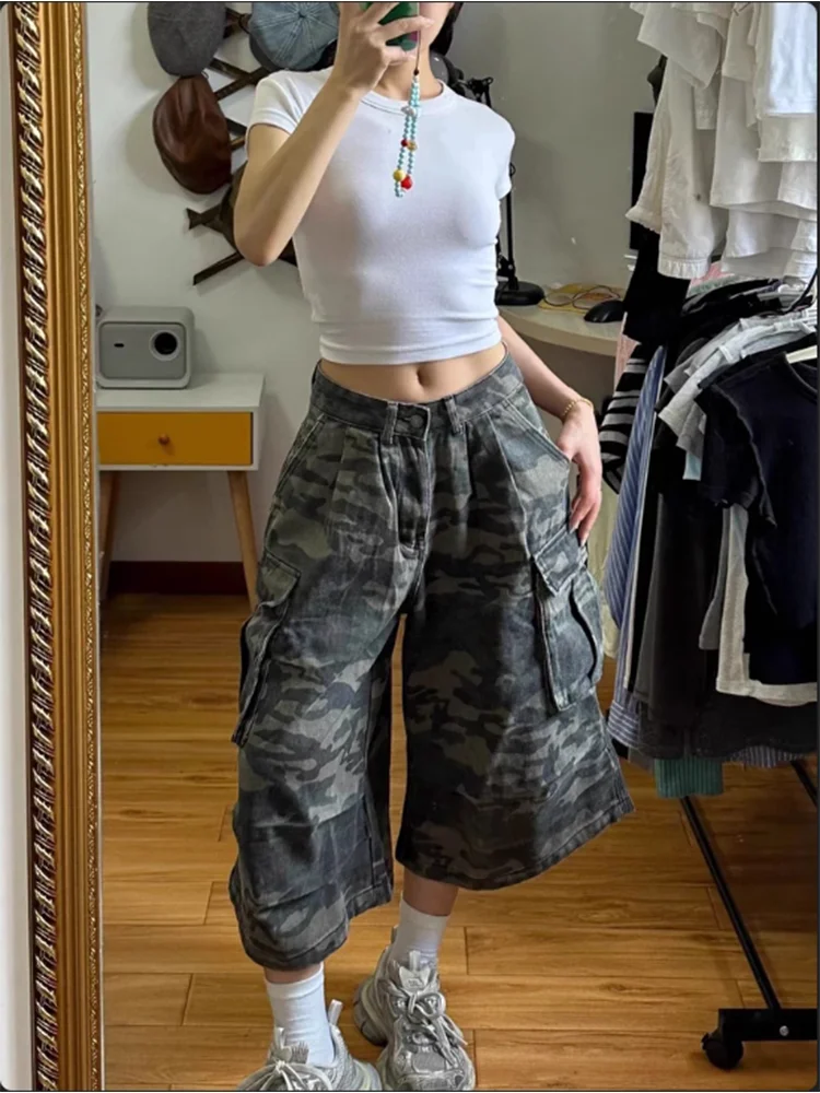 ผู้หญิงสีเขียวกางเกงขาสั้น Y2K ญี่ปุ่น Harajuku High Street เอวสูง 2000s หลวมกางเกงขากว้าง Seven Quarter กางเกงเสื้อผ้า