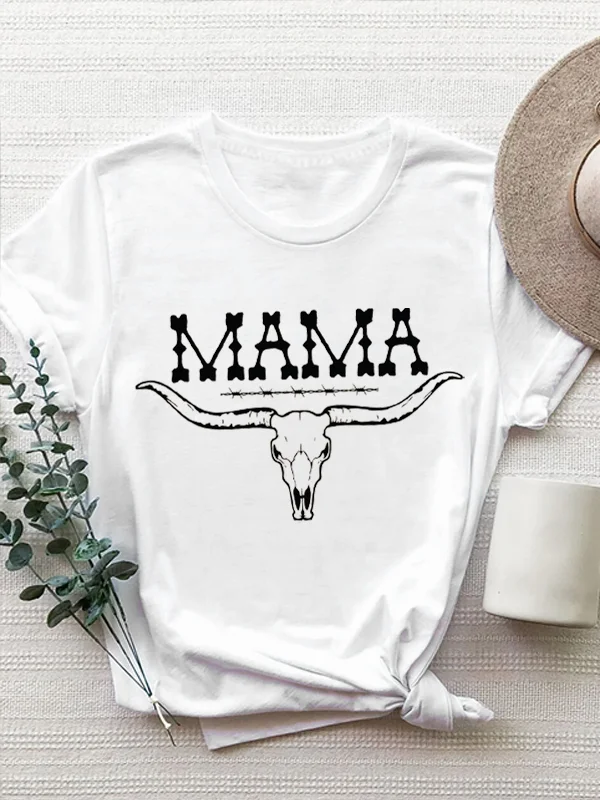 Hot Sale Popular Mother's Day Women T-shirt Vintage Cartoon Ox Skull Print Female Shirt Individuality Mama Slogan Girl Tee