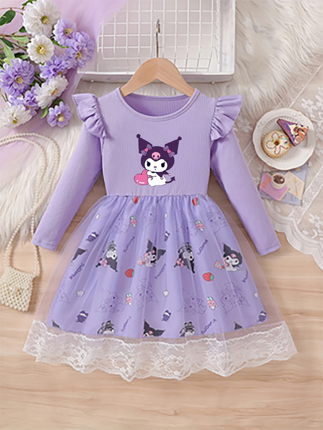 Girls' Kuromi Cartoon Long Sleeve Tulle Princess Dress, Light Purple Flutter Sleeve Lace Ruffle Puffy Skirt, Kids Spring Autumn