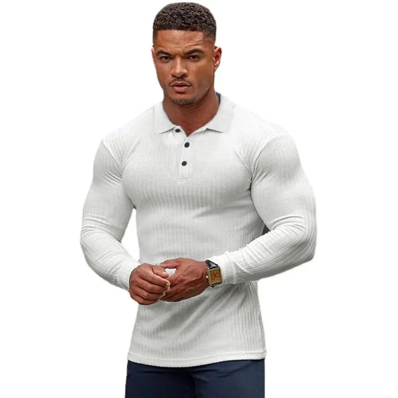 Autumn Fashion Knitted Polo Shirt Men Classic White Ribbed Skinny Long Sleeve Polos Male Elastic Breathable Sports Jersey Shirt