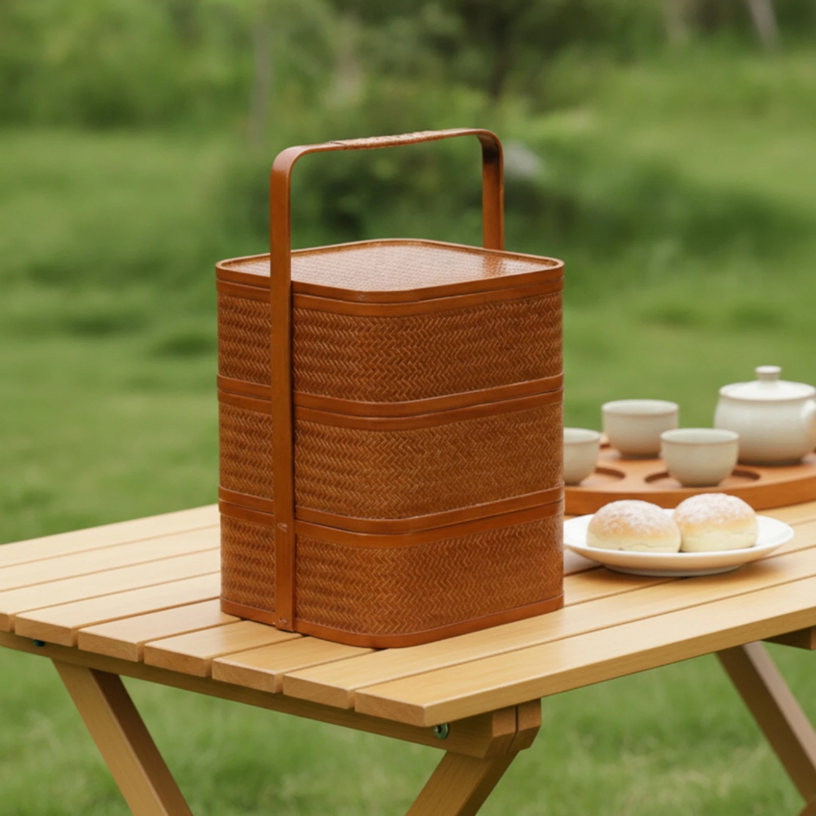 Three-Tier Carrying Box Stackable Woven Box with Handle Bamboo Storage Basket with Lid Portable Storage Basket with Lid Stacked
