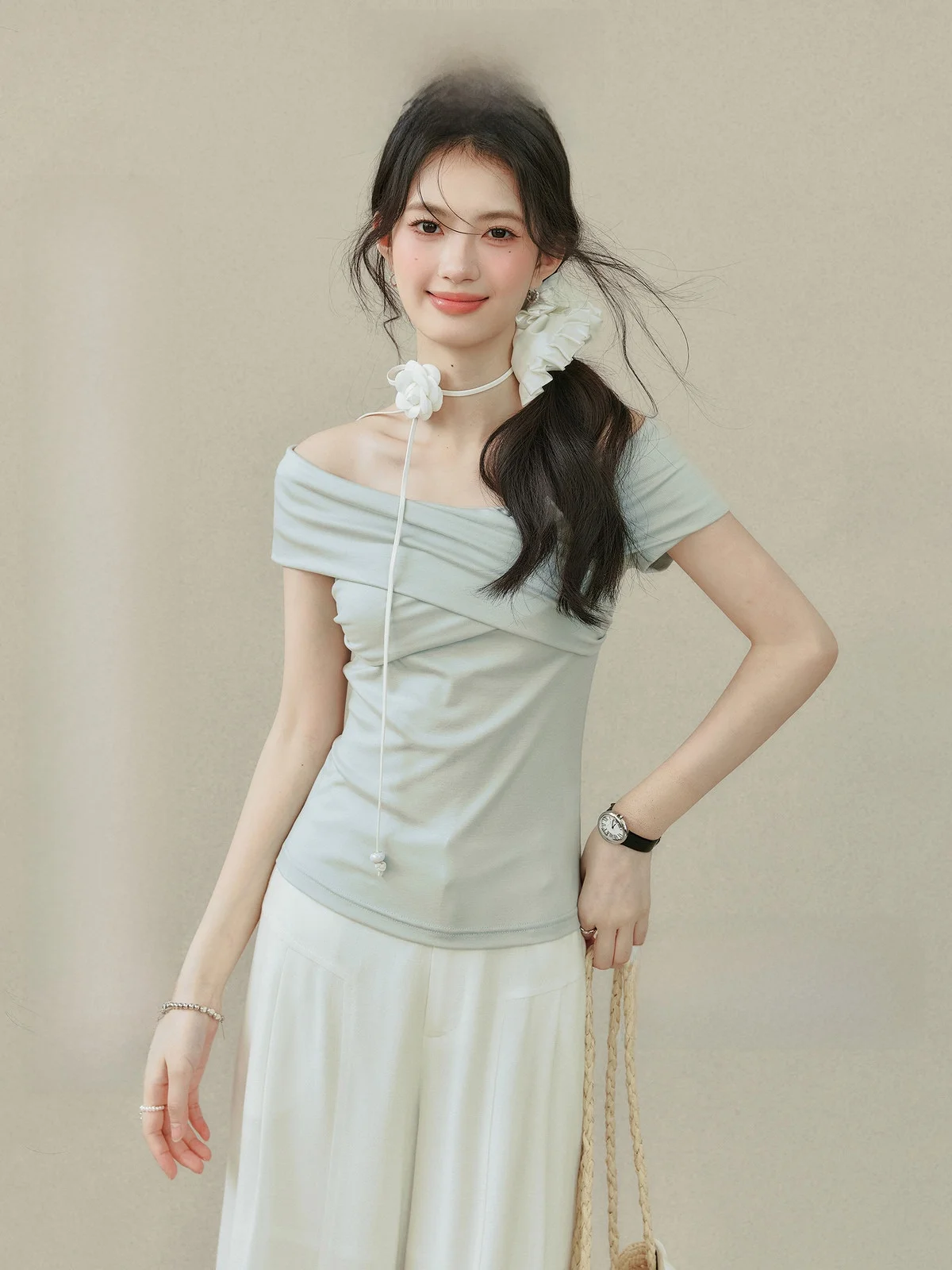 

Light Blue oulder Bared ort Sve T-irt Women's Design Sensation Summer Waist Cinching Top by Ou Yang Xi