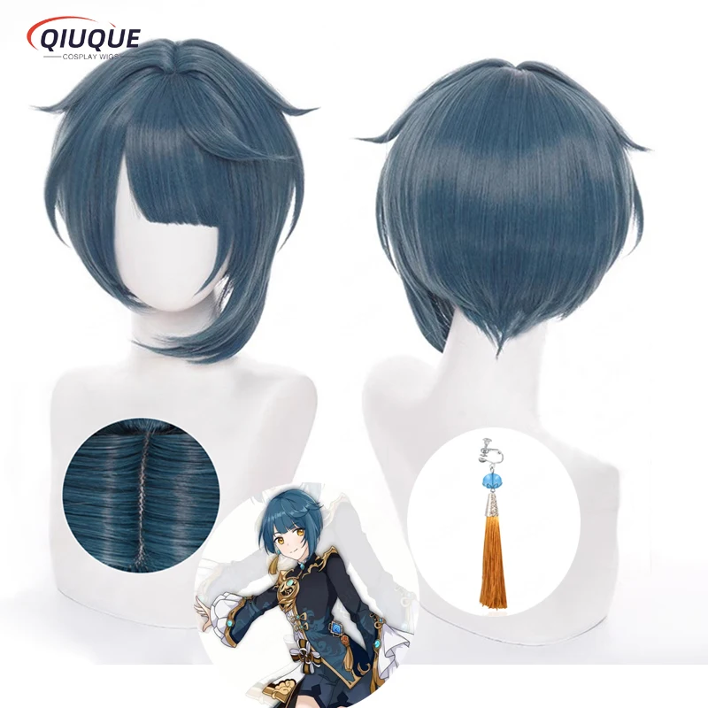 

Xingqiu Cosplay Wig Game Impact Short Dark Cyan-blue Heat Resistant Synthetic Hair Anime Party Wigs + Wig Cap