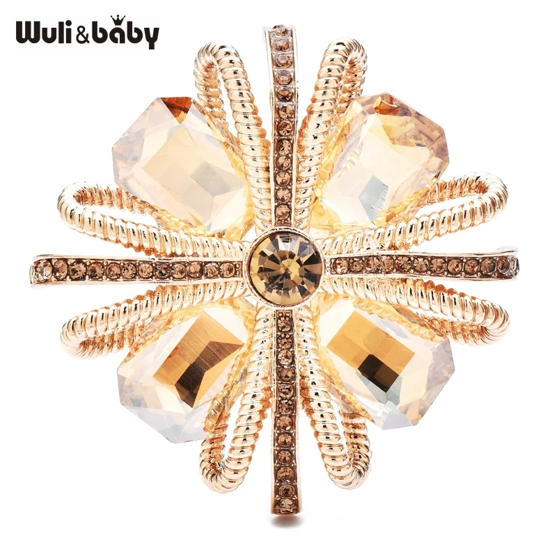 Wuli&baby Luxury Crystal Geometric Flower Brooches For Women Lady 2-color Elegant Office Party Brooch Pins Gifts