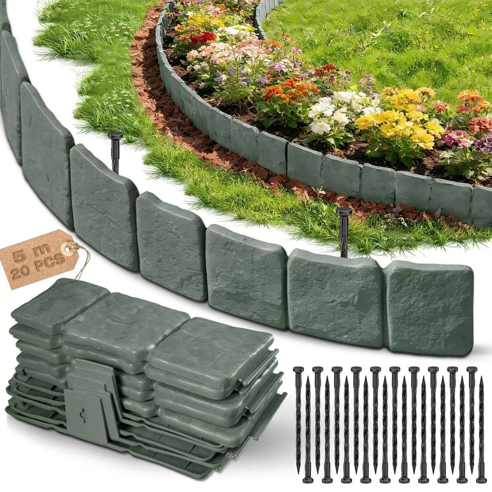 

Садовые бордюры 20 шт., водонепроницаемые, на колышках, имитация камня, для ландшафтного дизайна, для патио, двора, газона, клумб, садовых дорожек, тротуаров