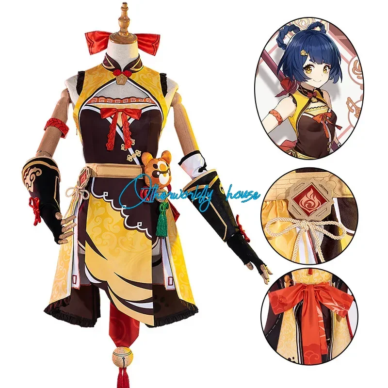 Disfraz de Xiangling de Anime Genshin Impact para mujer, peluca, vestido, traje de fiesta de Halloween, uniforme, accesorios de Cosplay