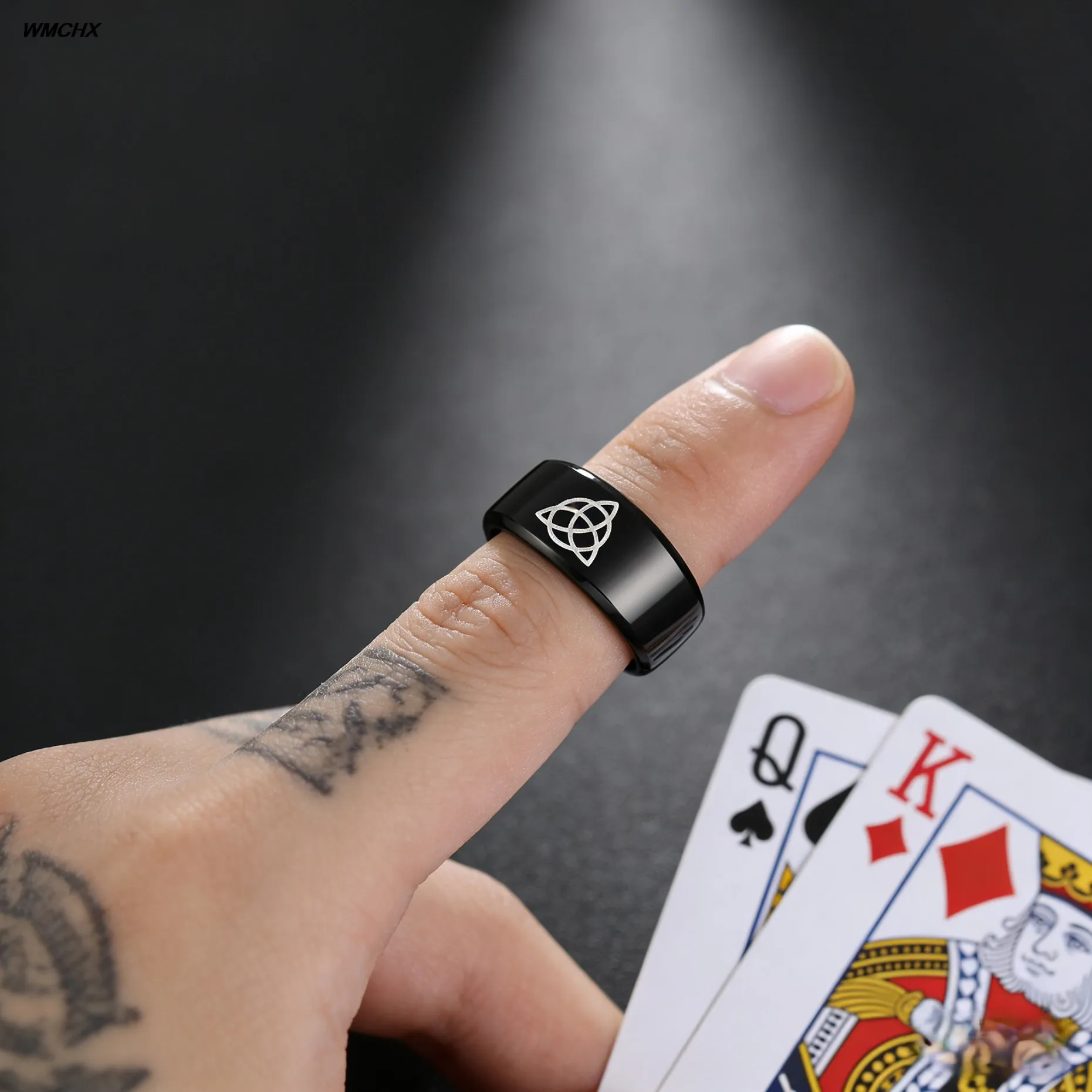WMCHX 8mm Black Color Celtics Knot Magic Ring Stainless Steel Fenrir Irish Knot Signet Vikings Amulet Ring For Men Rings