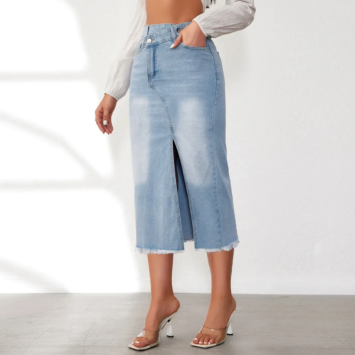 

Women Skirts A Line Mid Length Skirt Denim Hip Wrap Slim Fit Sexy Solid High Waist Elegant Splice Button Pocket Summer 2024