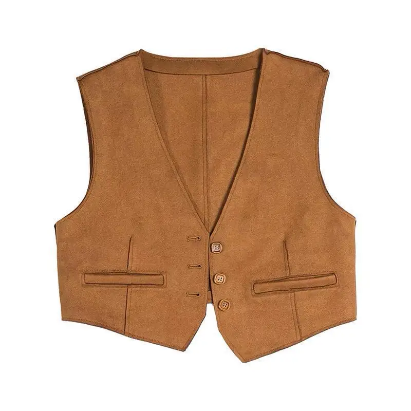 Chaleco retro de gamuza suelto con cuello en V, top de verano étnico para mujer, prenda exterior marrón para capas.