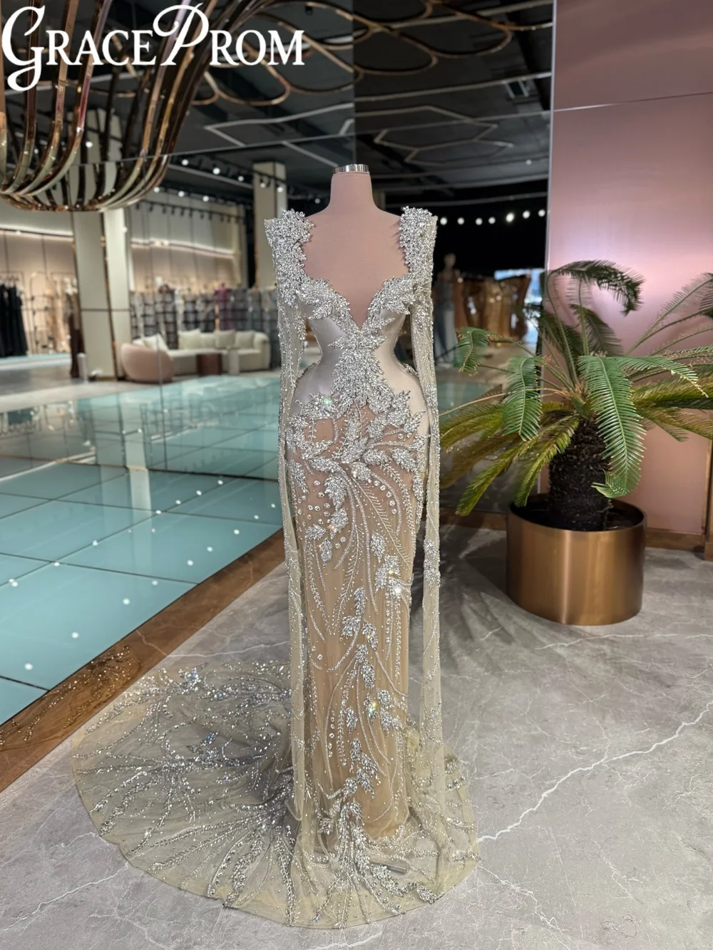 

Fashion Luxury Crystal Evening Dress Illusion Cape Sleeve Wedding Party Gowns New Customized Elegant Mermaid Banquet Gowns