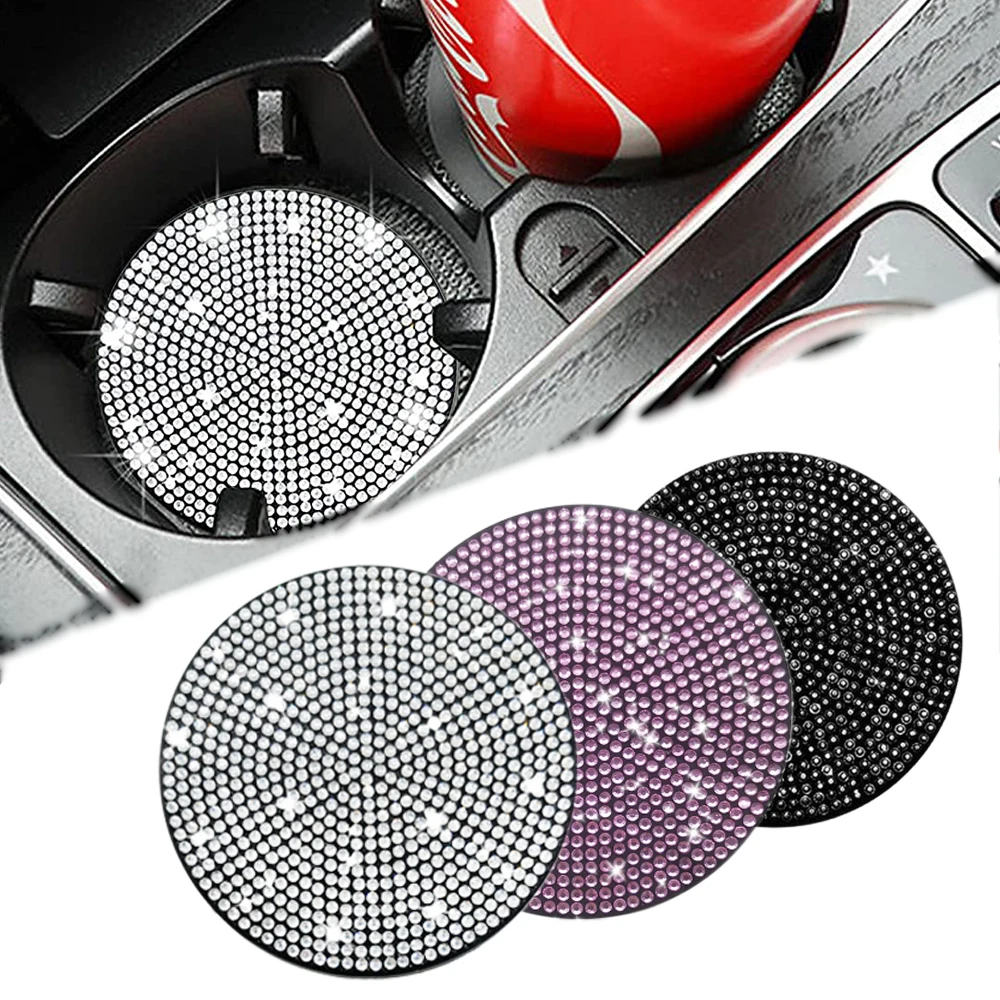 2Pcs Rhinestone Crystal Car Coaster Water Cup Slot Non-Slip Mat Silica Gel Pad Cup Holder Mat Gadget Waterproof Car Accessories