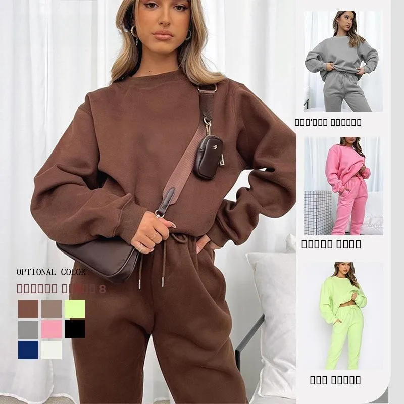 Conjunto de Moletom Casual Feminino de Manga Longa, Pulôver de Cor Pura com Calças, Roupas Elegantes para Outono e Inverno