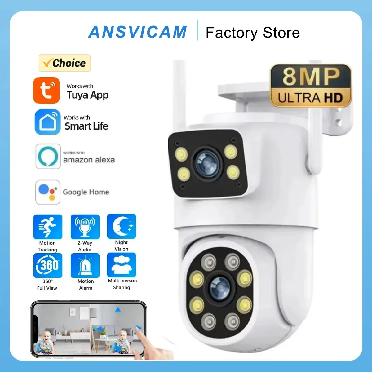 

8MP 4K PTZ WIFI Camera Full HD Dual Lens Dual Screen Ai Human Auto Tracking Outdoor 4MP Security Video Surveillance Camera Tuya