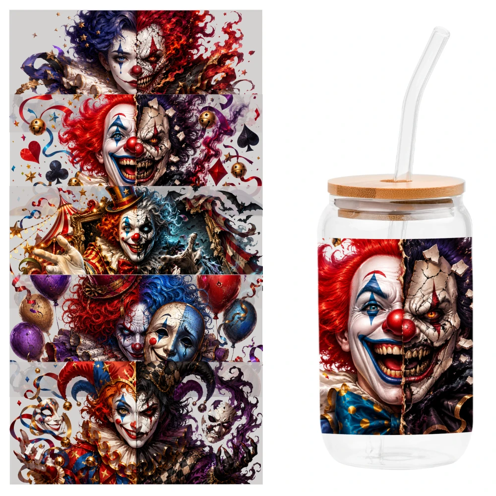 5 Sheets Clown Face UV DTF Stickers Glass DTF Transfer Stickers Plastic Self-Adhesive Labels Cups Decoration