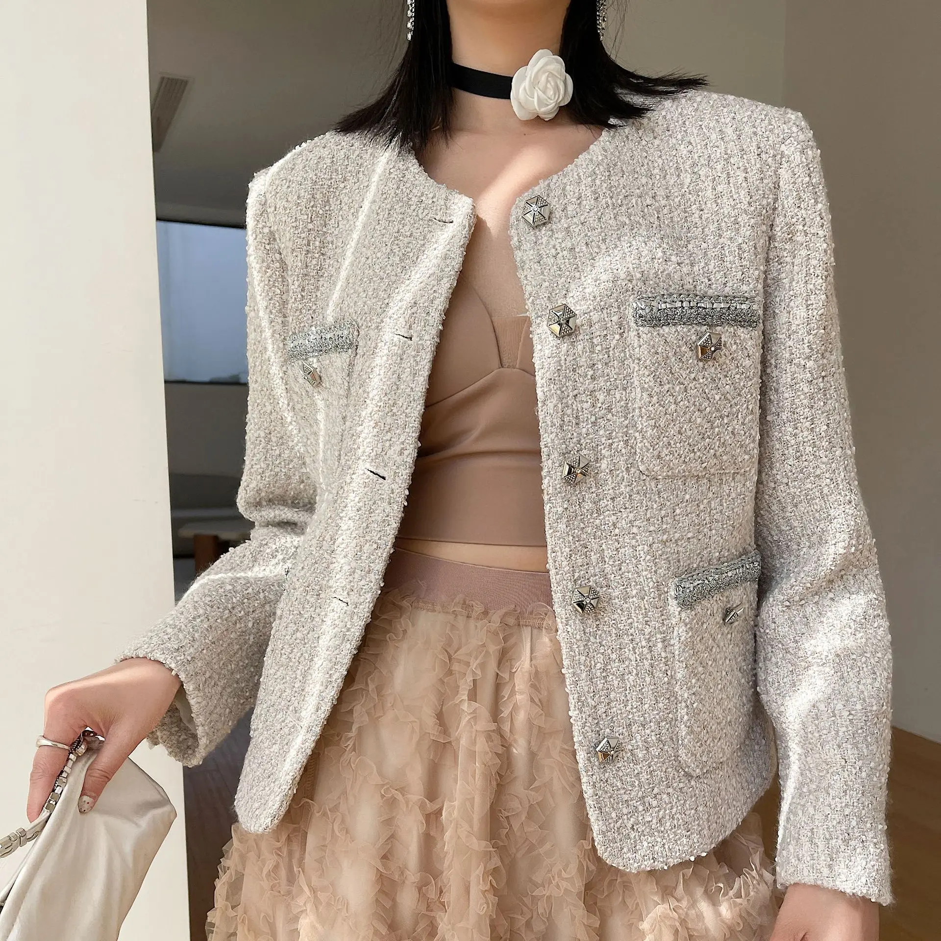 

Tweed Coats Designer Autumn Classic Women Elegant Knitted Buttons Basic Coat Casual O-Neck White Jacket Outwear Fall Clothes