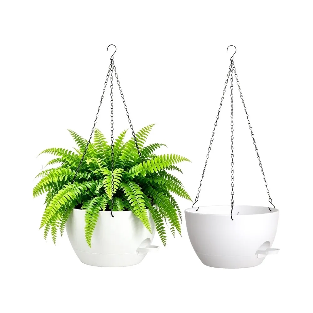 White Hanging Self Watering Planters 2 Set Plastic 8 inch 10 inch with Oxidation Hooks and Bottom Drain Openings