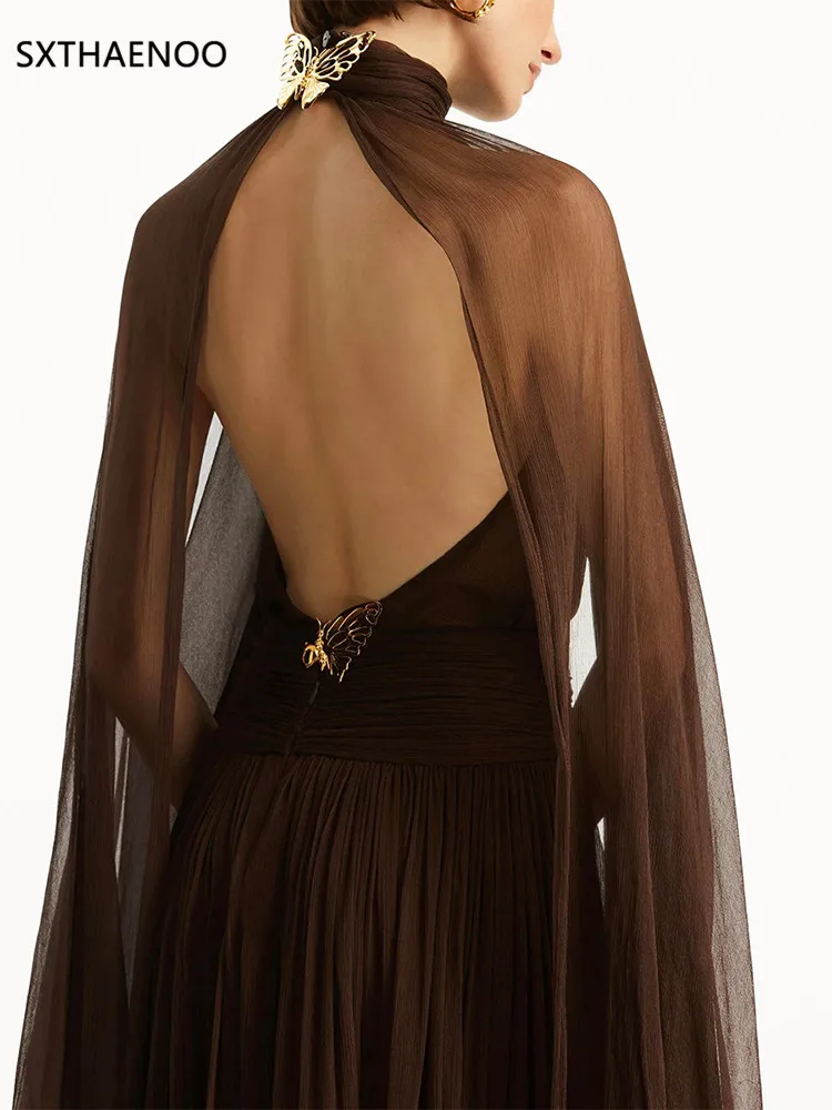 SXTHAENOO Solid Afslanken Gesplitste Plooien Temperament Jurken voor Vrouwen Hoge Hals Lange Mouwen Backless Sheer Jurk Vrouwelijke Nieuwe 2025