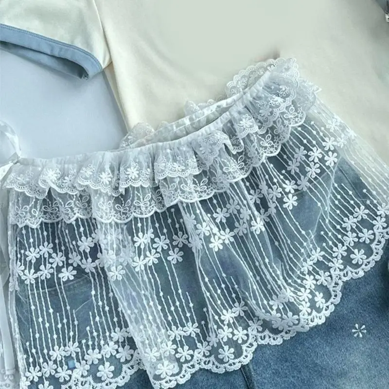 G5GC Womens Ruffle Lace Shirt Extender See Through Tieback Lace Underskirts Layering Half Slip Clothing Accessories Gifts