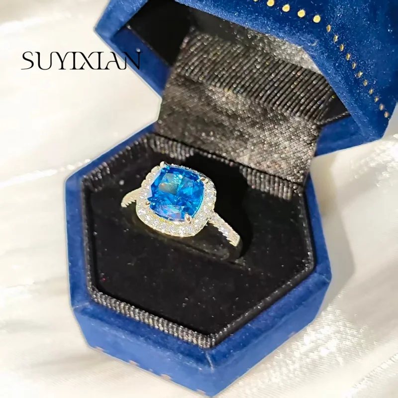 925 Sterling Silver Stylish and Simple Ice Flower Cut Princess Square Bag Zircon Ring Birthday Party Anniversary Gift