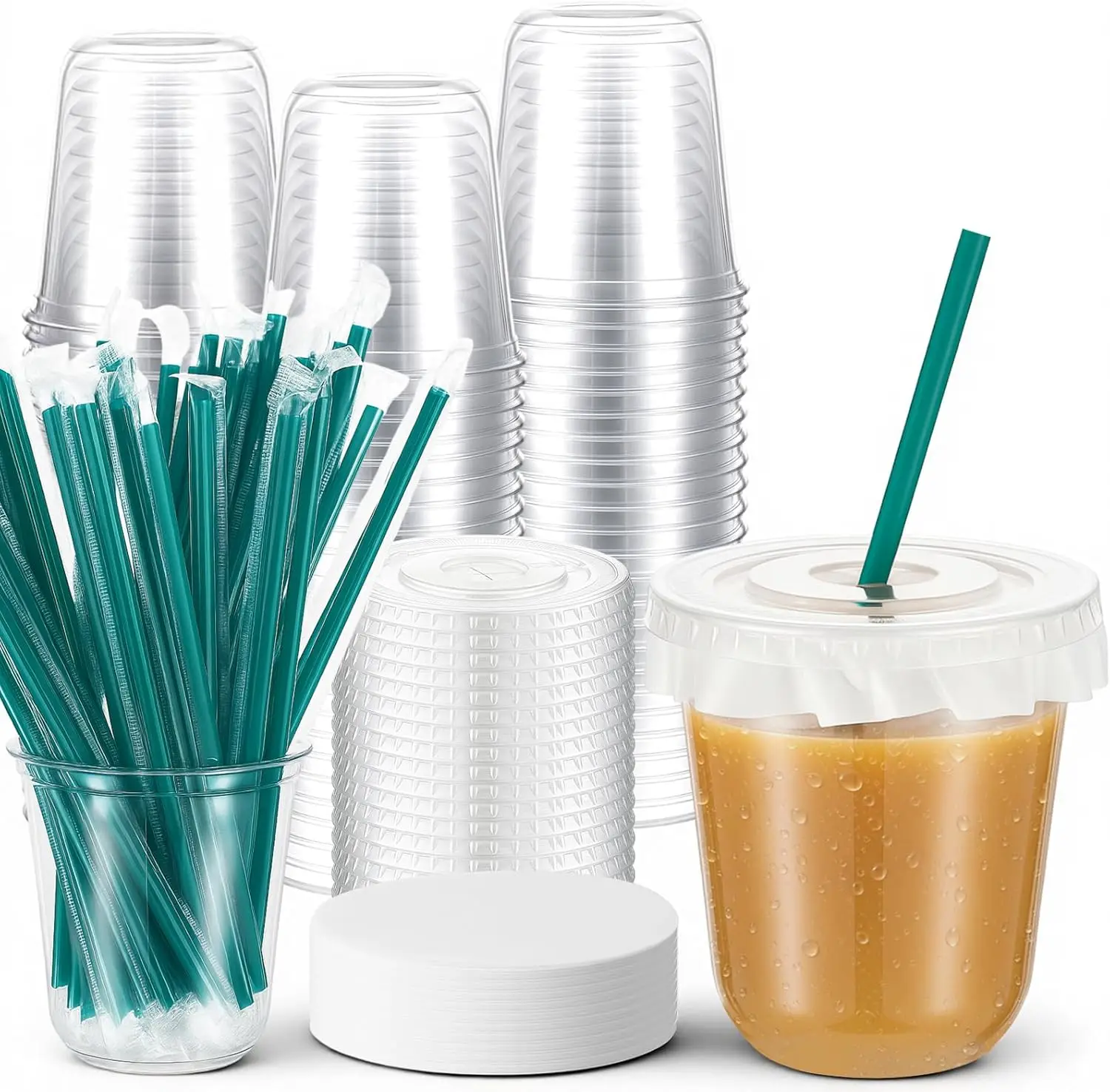 

50 Sets Clear Plastic Cups with Lids, Straws, and Paper Cap Liners, Disposable Iced Coffee Cups Drinking Cup for Cold Dr