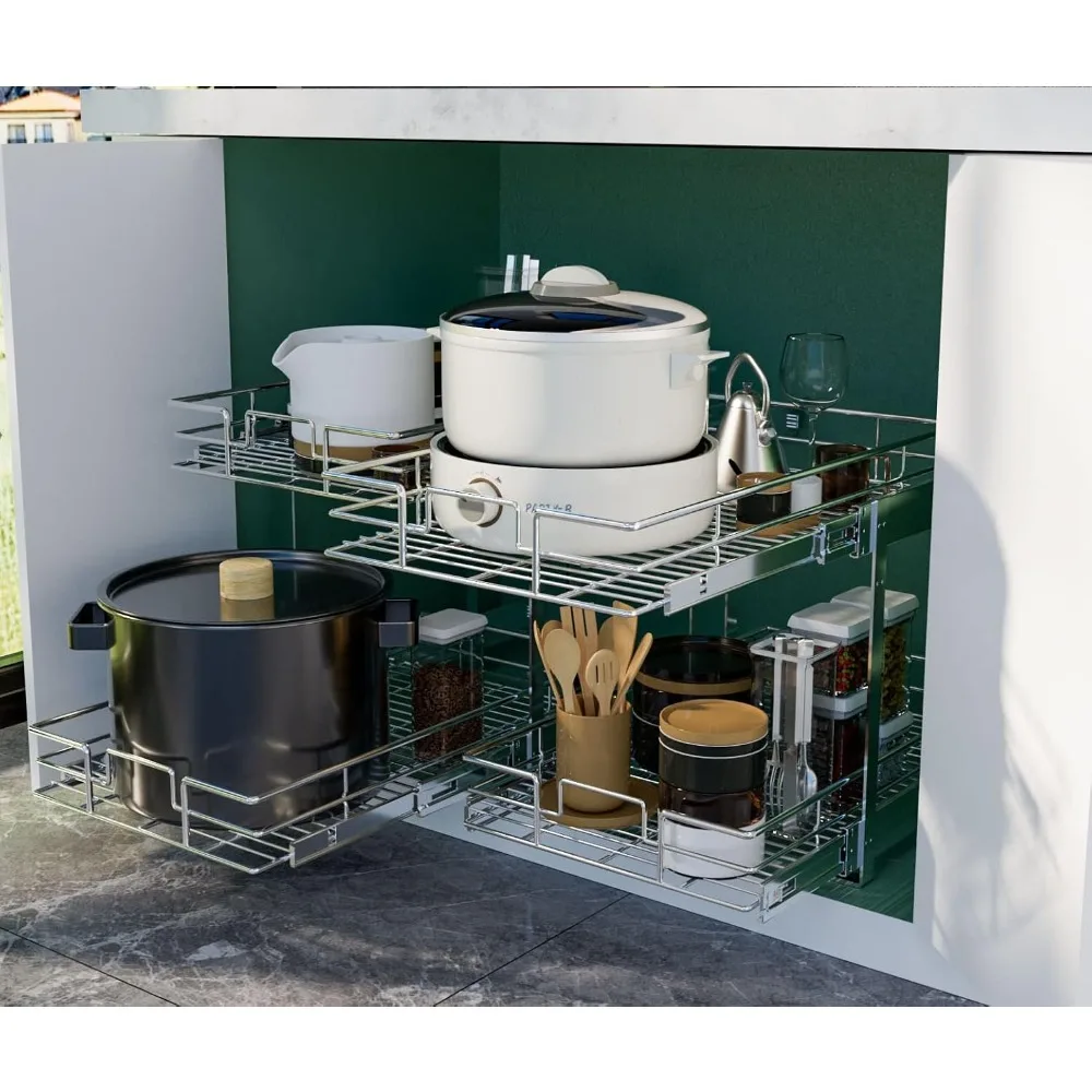 منظم خزانة قابل للسحب - مساحة تخزين للمطبخ بطبقتين مع أرفف منزلقة، عرض 11.5 × 21.5 عمق، حل موفر للمساحة لـ Eff