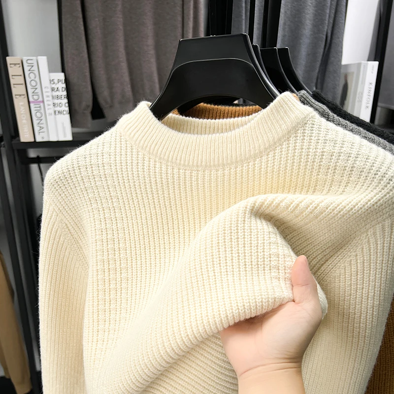 Premium solid color round neck knitted sweater men high-quality thicken warm autumn winter fashion soft comfort casual pullover