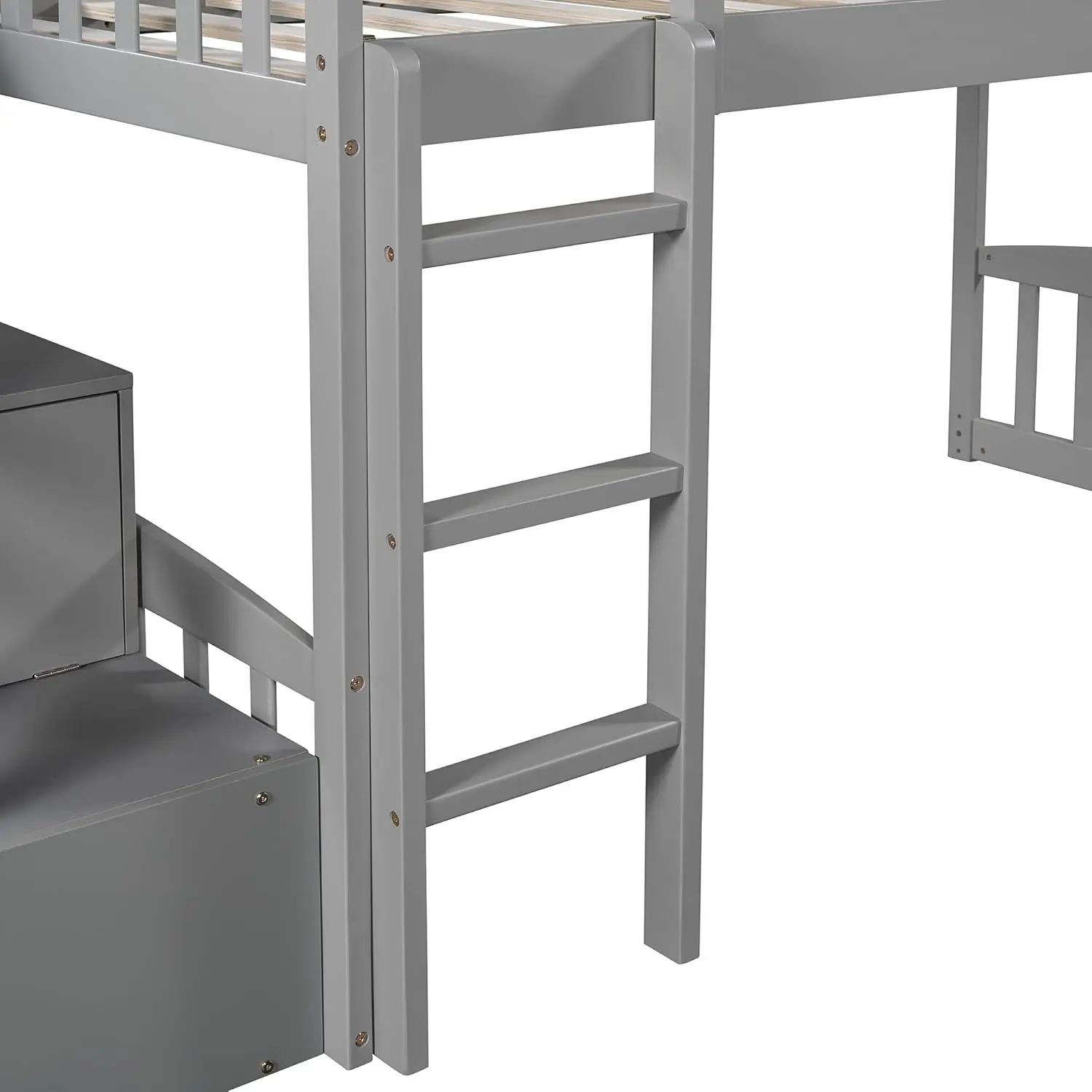 Lit Loft Lits Jumeaux avec Glissière, Lit Loft Bas en Bois avec Escaliers et Rangement pour Enfants, Bol, Garçons, Adolescents, Gris