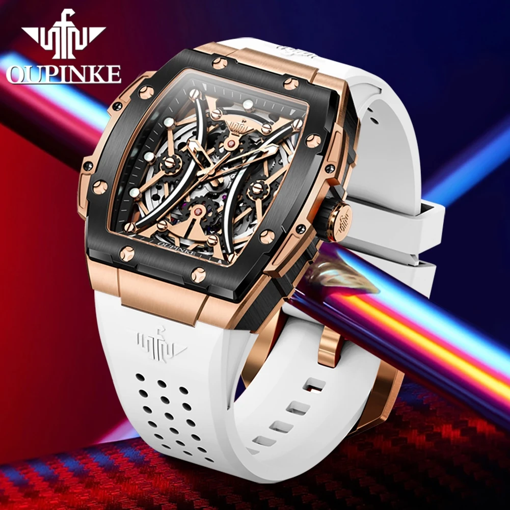 OUPINKE Brand New Fashion Hollow Tonneau Mechanical Watch for Men Sport Silicone Strap Luxury Automatic Skeleton Watches Mens