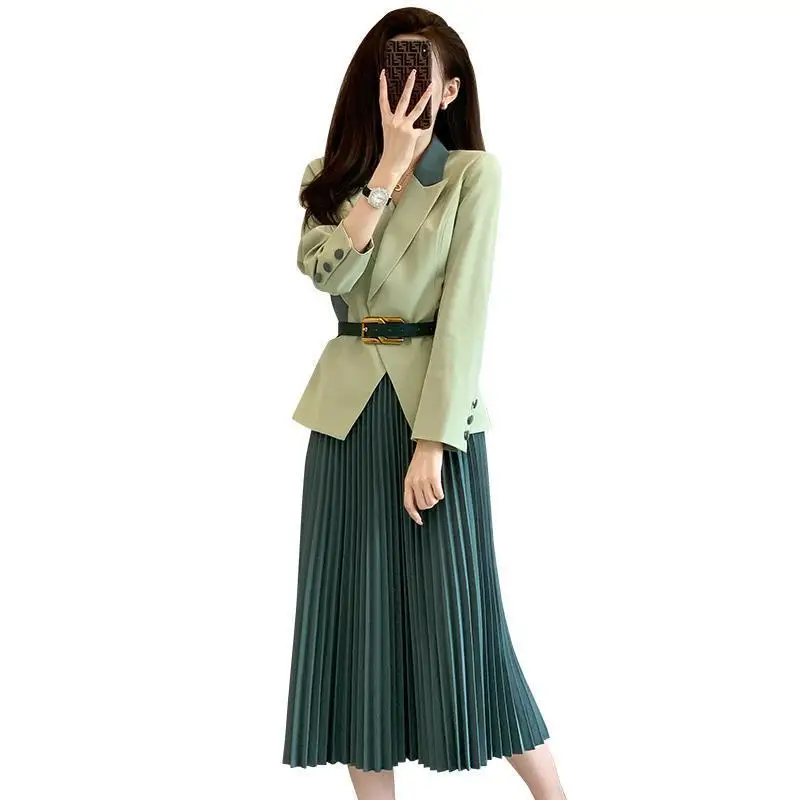 2024 Winter Elegant Fashion Harajuku Slim Fit Matching Sets Loose Casual All Match Long Sleeve Suit Pleated Skirt Two Piece Set