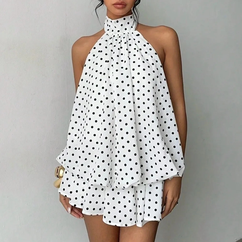 

Fashion Backless Polka Dot Dress Sleeveless Pleated A Line Halter Dress Off Shoulder Comfortable Chiffon Dress Holiday