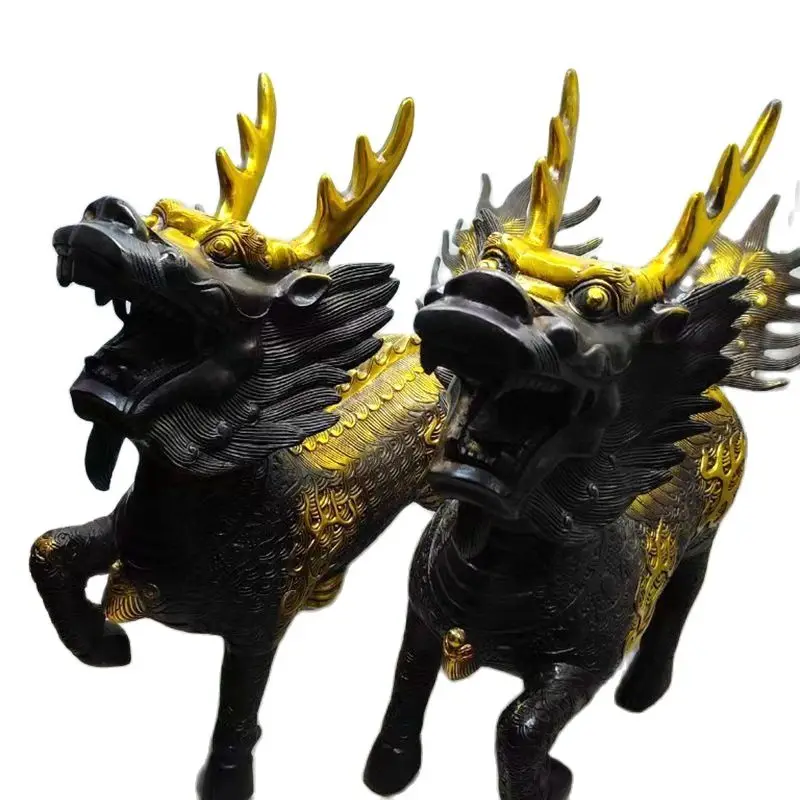 Two Magical Lucky Beast Statuary Display Bring Fortune Wealth Kylin Divine Beast Sculpture Brass